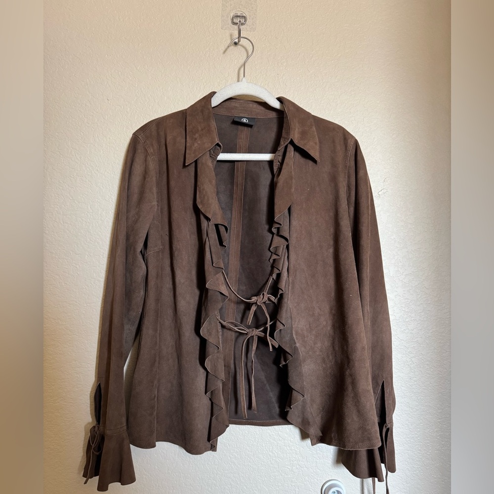 vintage Bogner Suede leather ruffle tie jacket size 8 brown boho western flare